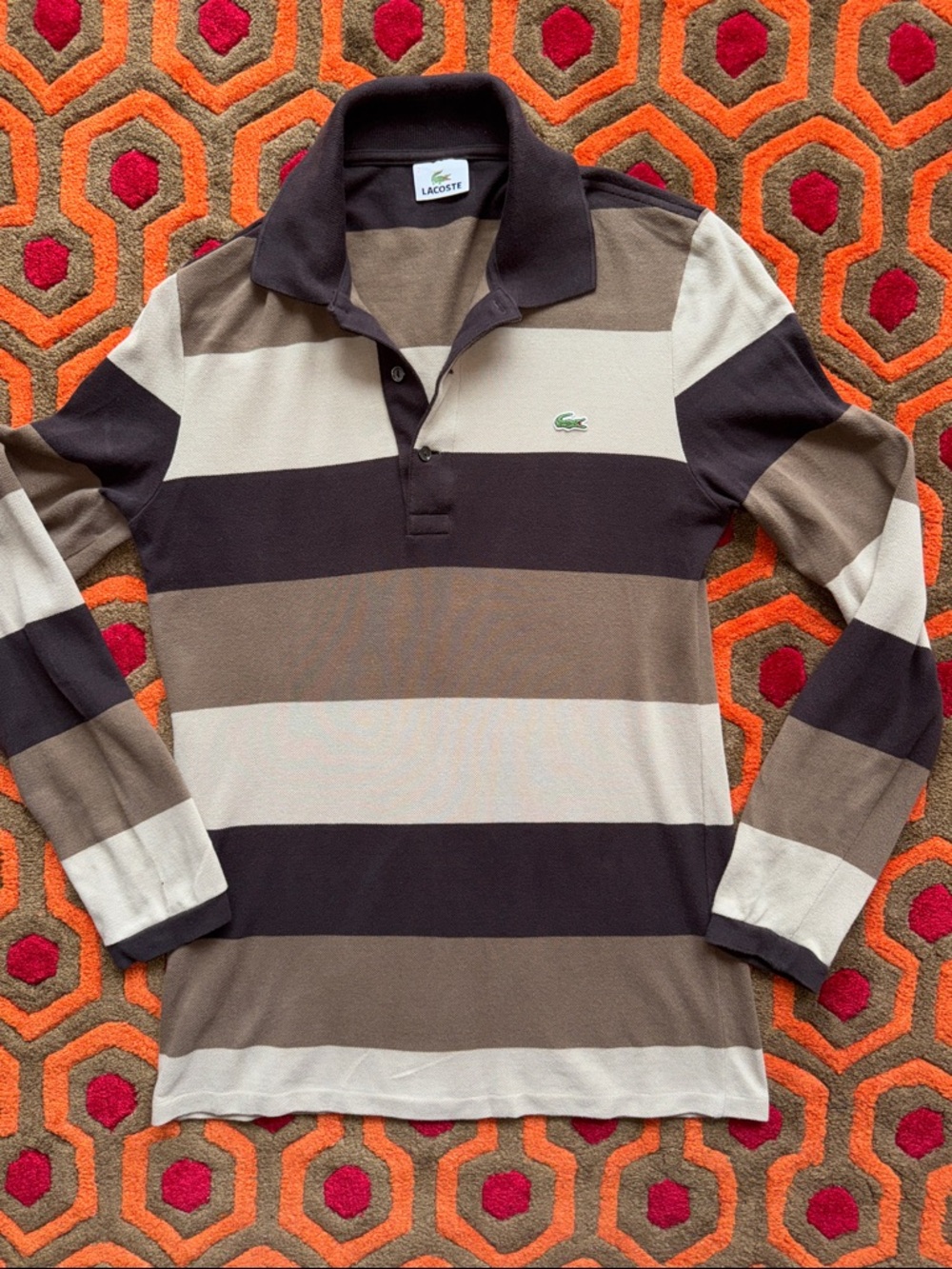 MAKE OFFER! Lacoste Brown, Cream & Dark Brown Striped Polo Shirt Men's S/XS